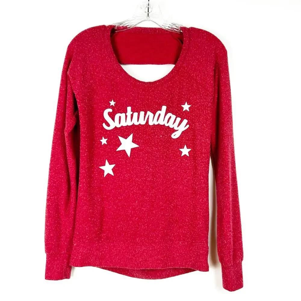 Chaser Saturday Red White Graphic Open Back Long Sleeve Top Womens Size XS - Picture 3 of 12